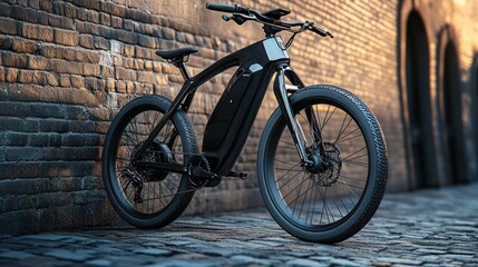 Fototapeta premium A sleek black electric bicycle parked against a brick wall in an urban setting.