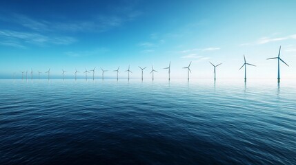 Alternative and clean energy: Windmills in vast waters at dawn, with a view from a distance.