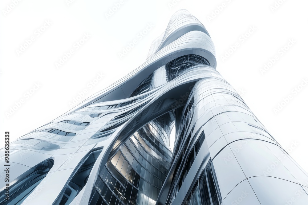Poster Detailed 3D rendering of a futuristic skyscraper, showcasing sleek design elements, isolated on white background
