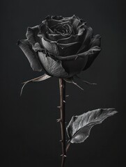 Black Rose flower on minimalist black background. Delicate petals, thorns, powerful symbol of beauty, enduring love and resilience. Mother's Day, Valentine's Day and wedding concept.