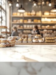 Blurred white marble counter in front of a blurred bakery shop interior showing customers, pastries and shelves displaying products with a background banner leaving space for copy. Display montage.