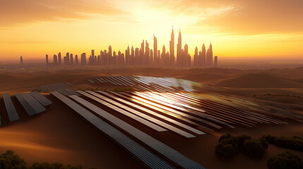 Solar panels with cityscape of modern city, Ecological energy renewable concept.