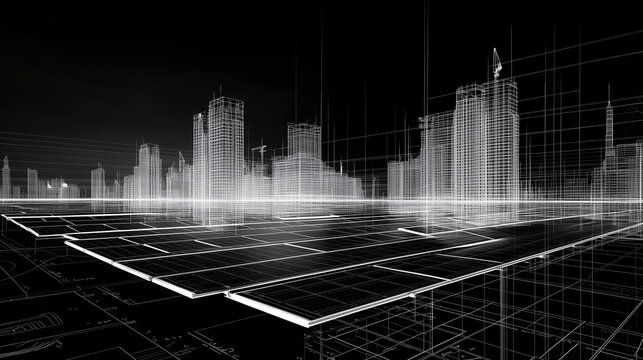 wireframe illustration of Solar panels with cityscape of modern city, Graphic ecological energy renewable concept.