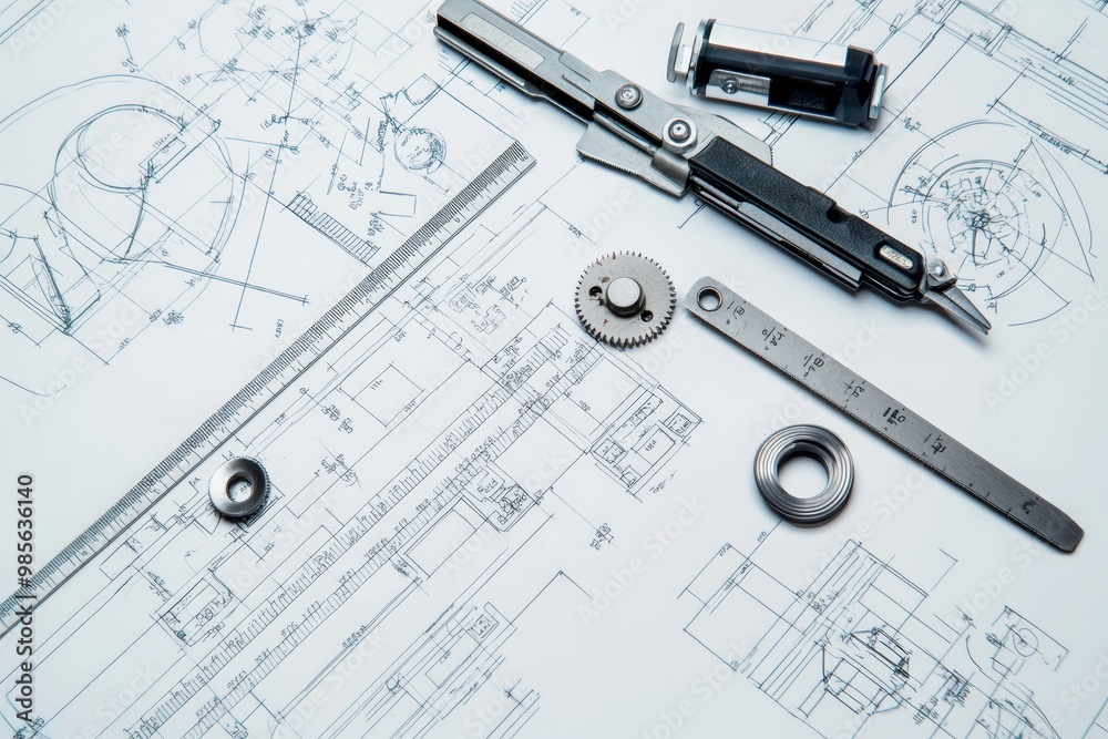 Aufkleber Engineering blueprint with precision tools including calipers and rulers neatly arranged on a white background