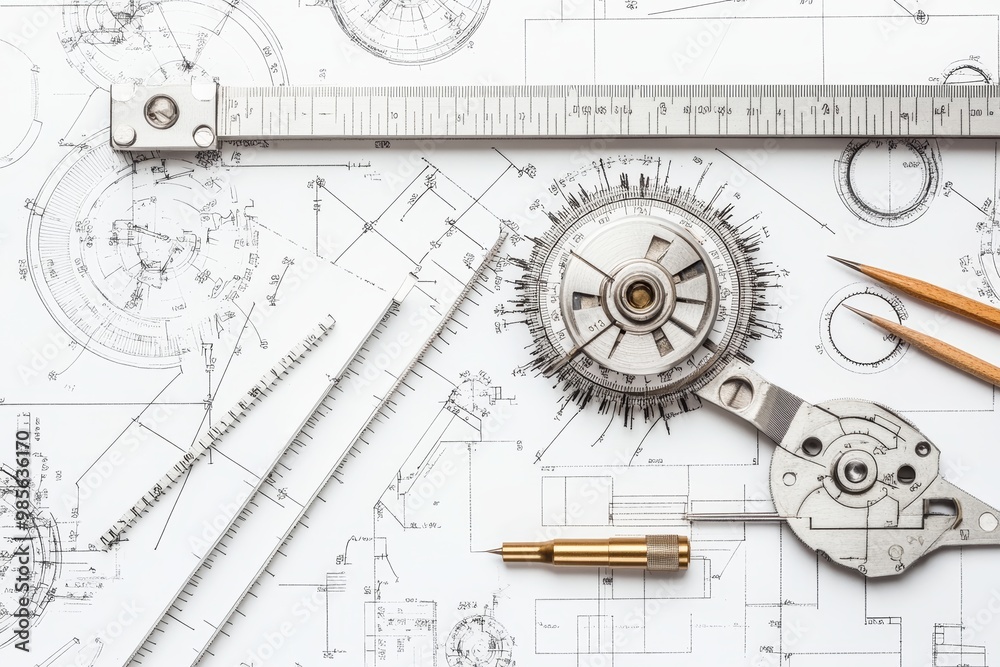 Poster Engineering blueprint with precision tools including calipers and rulers neatly arranged on a white background