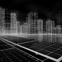 wireframe illustration of Solar panels with cityscape of modern city, Graphic ecological energy renewable concept.
