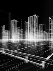 wireframe illustration of Solar panels with cityscape of modern city, Graphic ecological energy renewable concept.