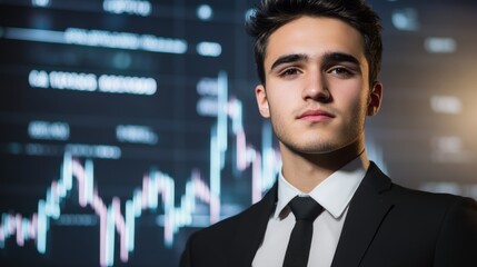 Confident Businessman in Suit Looking at Stock Market Data