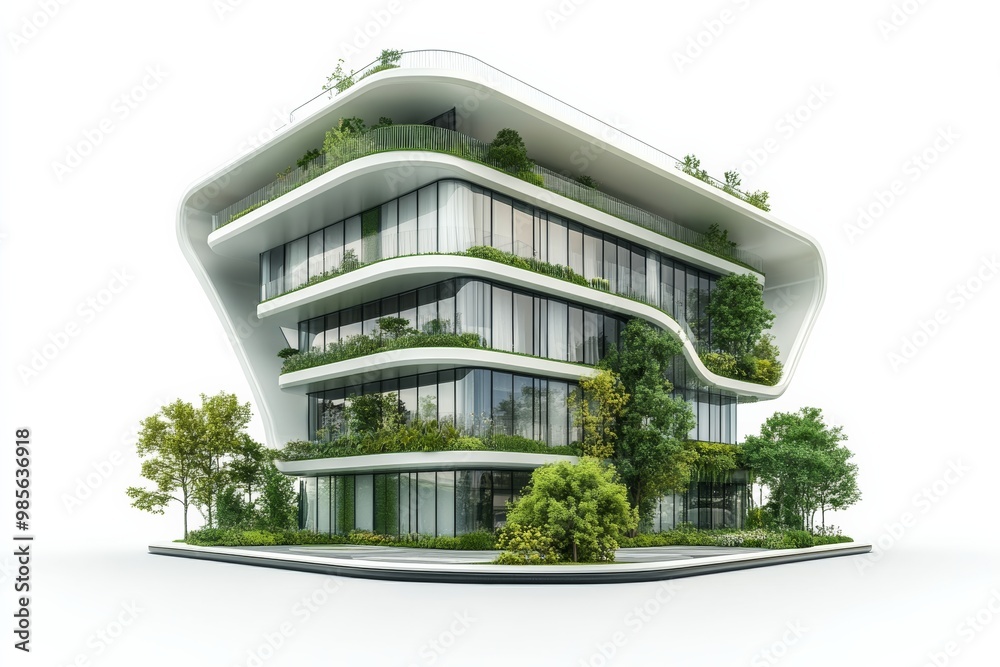 Poster High-tech smart building with sustainable architecture and energy-saving features isolated on white background