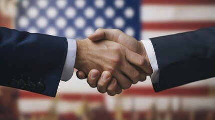 American Businessmen Shaking Hands In Front of Flag