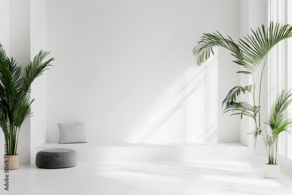 Poster minimalist open space interior with white walls and minimal furnishings, isolated on a white backgro