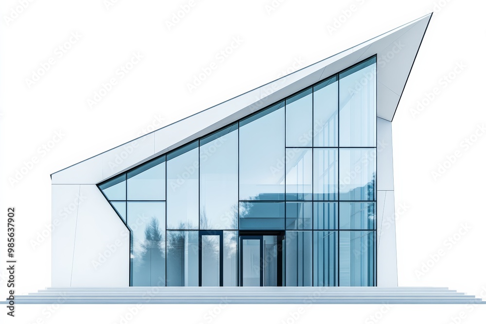 Aufkleber Modern minimalist building facade with large glass windows and sharp angles, isolated on white background