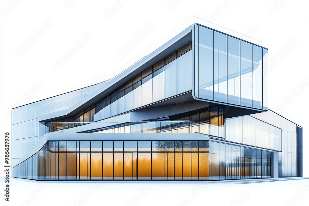 Poster modern minimalist building facade with large glass windows and sharp angles, isolated on white backg