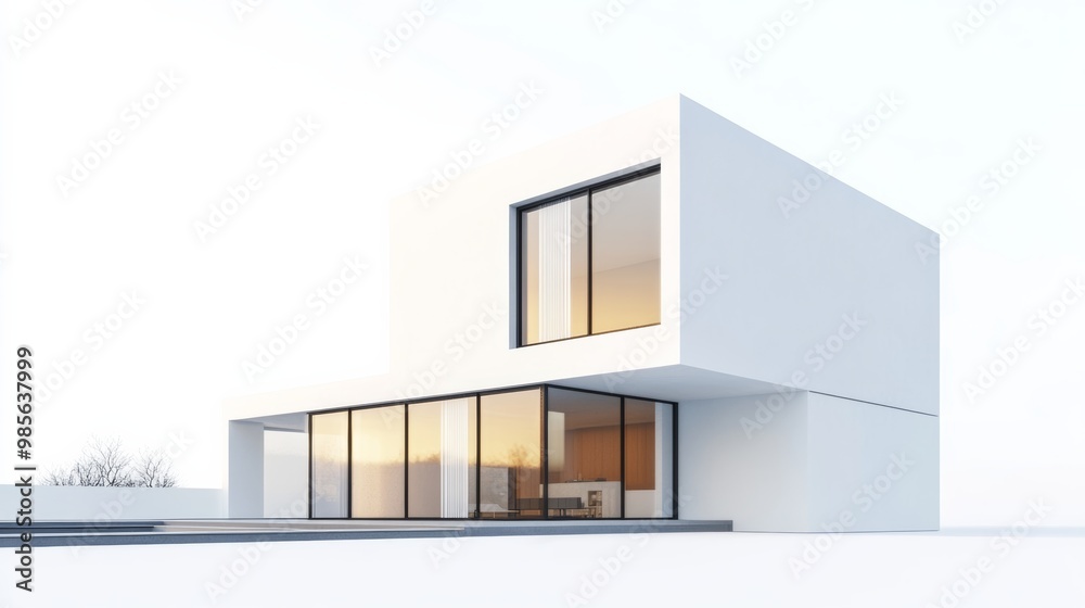 Poster Modern minimalist house design with sharp geometric lines and large windows isolated on a white background