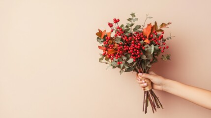 Hand holding a bouquet of red berries and green leaves against a light peach background.