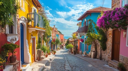 panoramic street view. colorful houses in summer. Historical Greek houses in europe. Travel routes for turkey journey. Village landscape on a hot summer day. Ayvalik city, Turkey. 