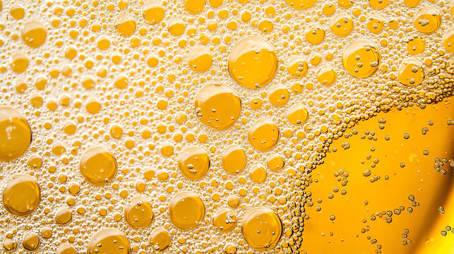 Close-up of golden beer bubbles on a frothy surface, capturing freshness and texture.