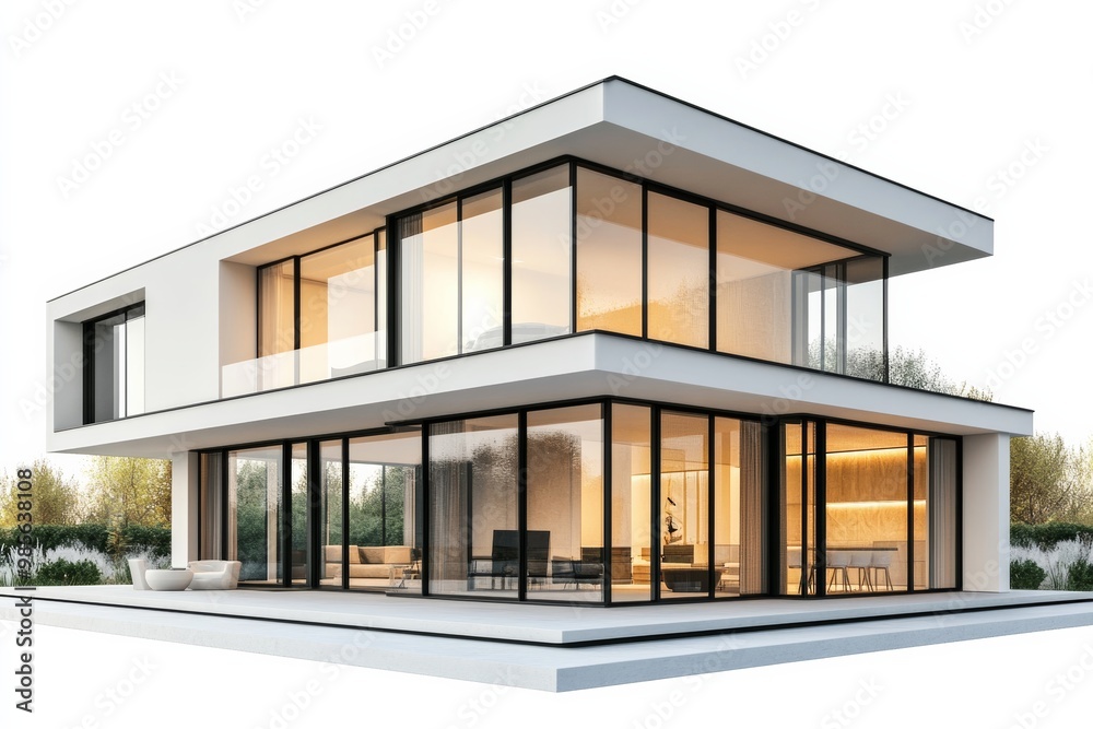 Poster modern minimalist house with large glass windows and flat roof, isolated on white background showcas