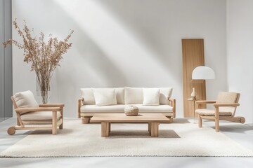 Modern minimalist living room with Scandinavian furniture, neutral color palette, and natural wood accents isolated on white background