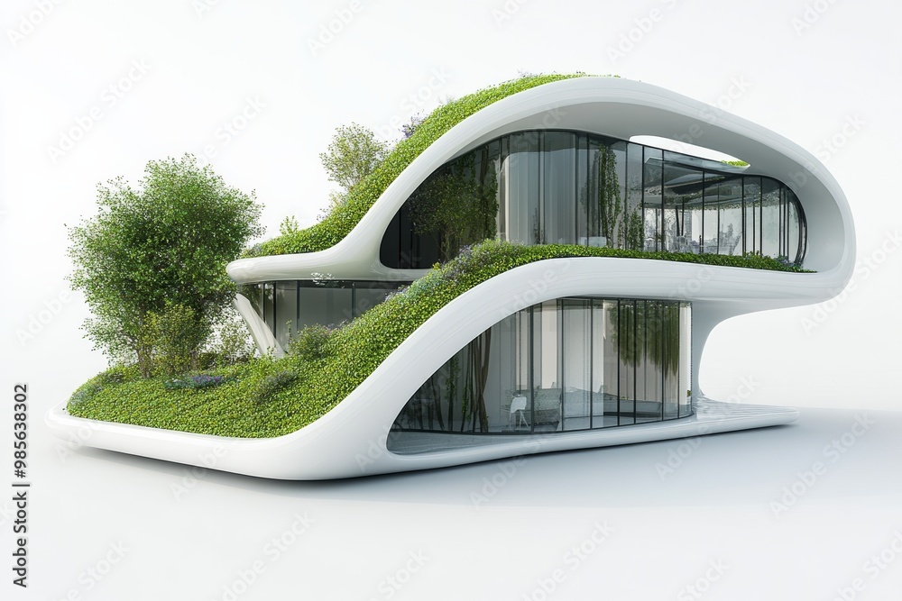 Poster Modern regenerative architecture, closed-loop system, environmentally friendly design, on solid white background, single object