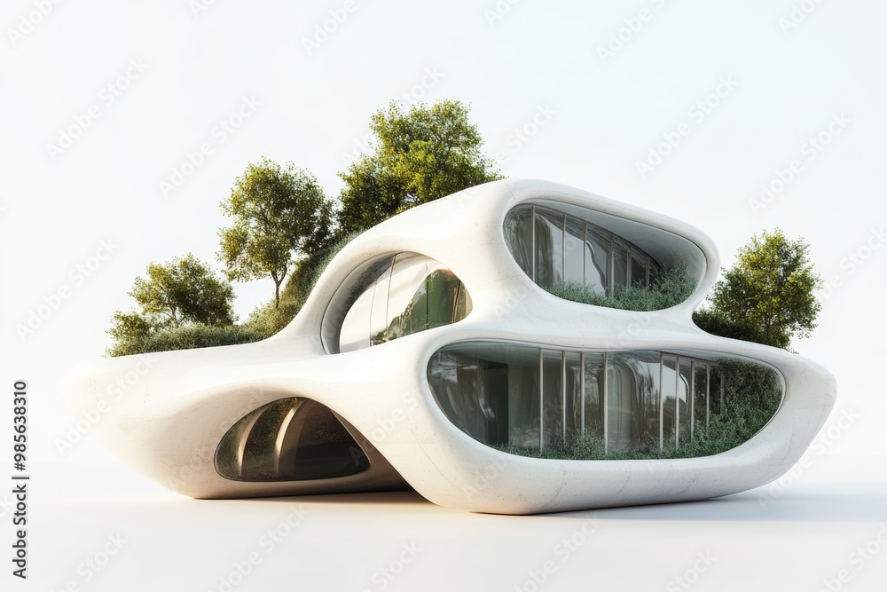 Aufkleber Modern regenerative architecture, closed-loop system, environmentally friendly design, on solid white background, single object