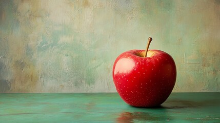 A single red apple sits on a green rustic wooden table.