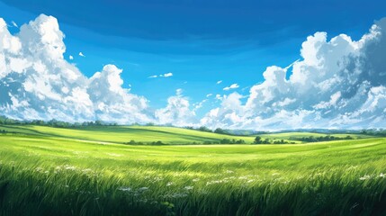 Obraz premium A lush green field and a brilliant blue sky, drawn in anime style, representing a peaceful, sunny day.