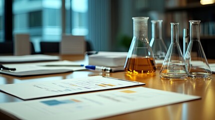 A meeting room table with scientific equipment and data papers, showing how advisory boards influence business strategy with innovative solutions.