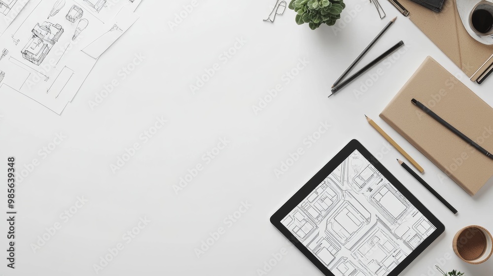 Poster top view of a minimalist desk with urban planning tools sketches and a tablet showing city infrastru