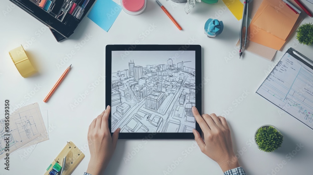 Aufkleber Top view of a minimalist desk with urban planning tools sketches and a tablet showing city infrastructure isolated on white background