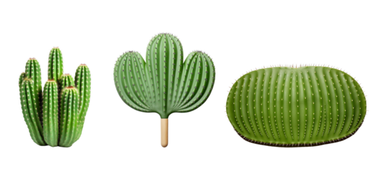 Various green cacti in different shapes, white isolate background.