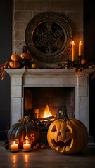 Obraz premium halloween, pumpkin lantern, pumpkin in the fireplace, ai generated, light