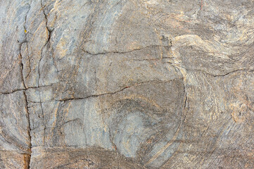 The surface features unique swirls and lines, showcasing nature's artistry on an ancient rock formation in a serene environment.