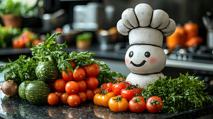 A traditional chef's hat sitting on a kitchen island, next to a stack of freshly prepared vegetables, with stainless steel appliances in the background