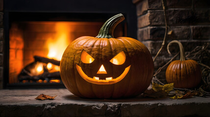 halloween, pumpkin lantern, pumpkin in the fireplace, ai generated, light