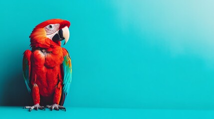 Fototapeta premium A vibrant red macaw parrot stands on a blue background.