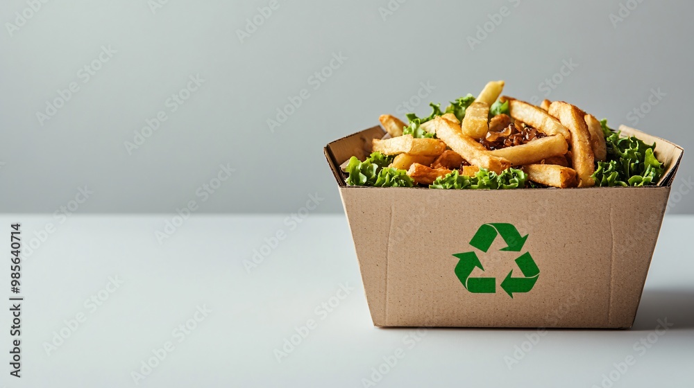 Aufkleber a recyclable food packaging box shown at a slight angle, featuring a recycle symbol printed in green