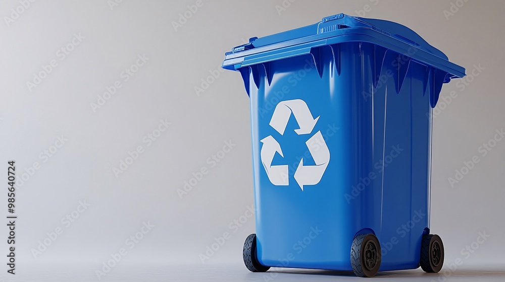 Aufkleber a bright blue recycle bin with the lid open and a large recycle symbol on the front. photorealistic 