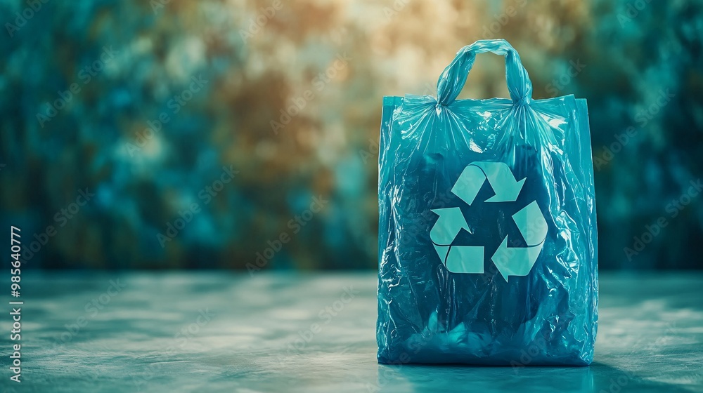 Poster a biodegradable plastic pouch standing on a white surface, featuring a large recycle symbol. photore