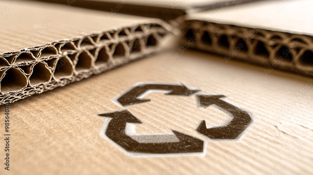 Aufkleber a corrugated cardboard shipping box closed with a recycle icon on the bottom corner. photorealistic 