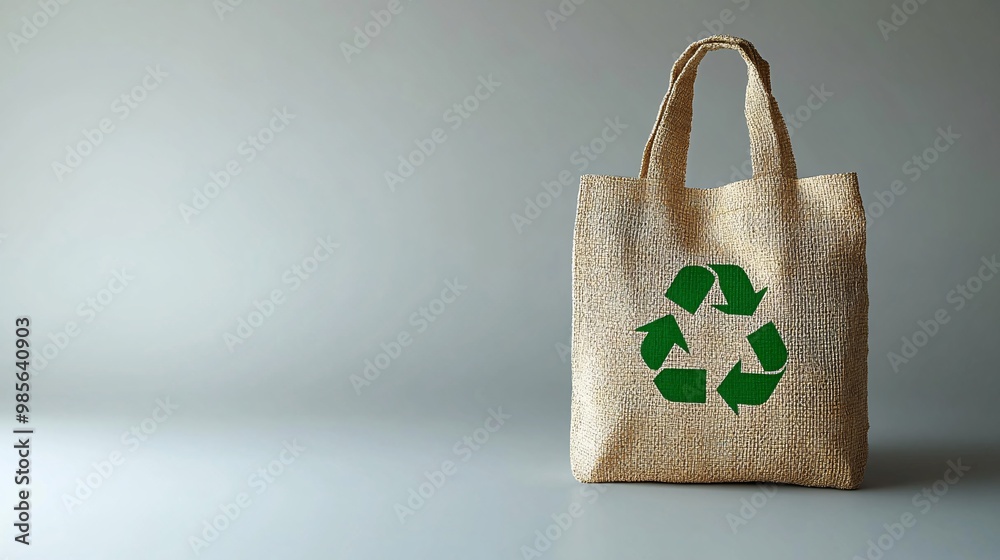 Poster A reusable cotton shopping bag featuring a recycle symbol, neatly folded and isolated on a white surface. Photorealistic image emphasizing the natural fabric texture. Large space for text in center