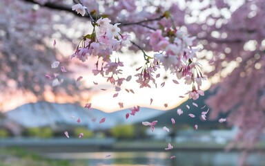 Fototapeta premium Pink cherry blossoms falling from a branch with a blurry background of a river and mountains.