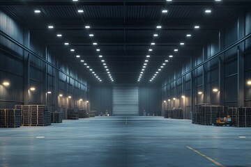 Empty warehouse interior with lights.