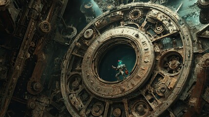 Obraz premium A lone figure stands in the aperture of a massive, rusted, and decaying metal structure.