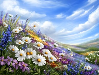 Obraz premium Lush Meadow Filled with Vibrant Wildflowers Stretching Across Vast Landscape