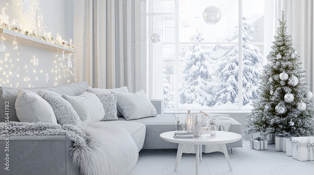 Wall mural living room modern with decorated christmas tree, gray sofa .