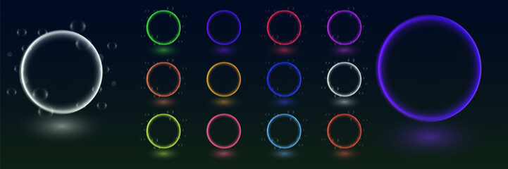Collection of neon glowing circles. Magic flare effect and futuristic modern neon glowing frames.