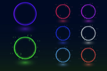 Collection of neon glowing circles. Magic flare effect and futuristic modern neon glowing frames.