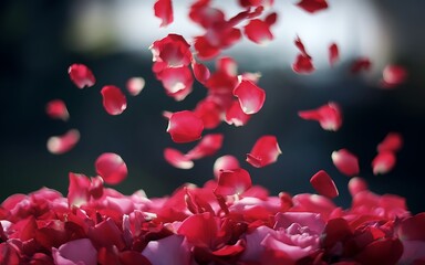 Red rose petals falling on a bed of petals.