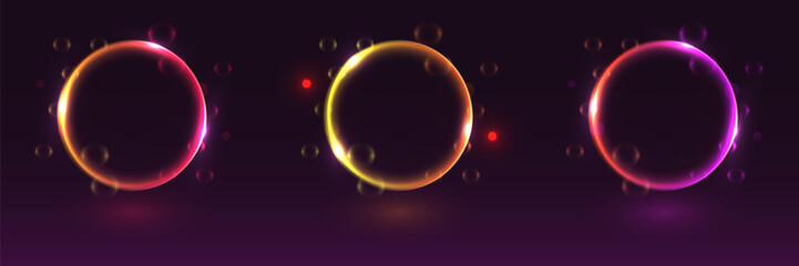 Collection of neon glowing circles. Magic flare effect and futuristic modern neon glowing frames.